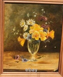 Tableau ancien signé. Bouquet de Fleurs. Peinture huile sur toile