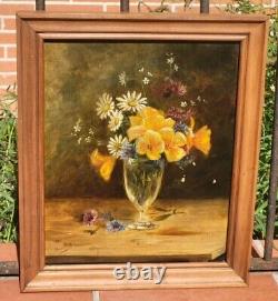 Tableau ancien signé. Bouquet de Fleurs. Peinture huile sur toile