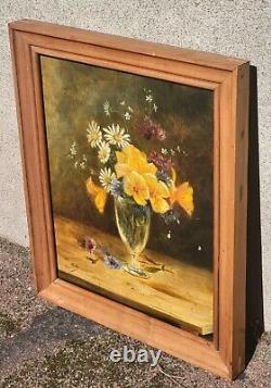 Tableau ancien signé. Bouquet de Fleurs. Peinture huile sur toile