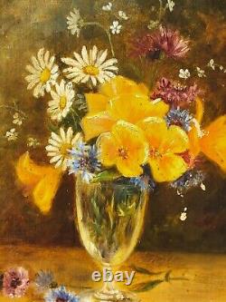 Tableau ancien signé. Bouquet de Fleurs. Peinture huile sur toile