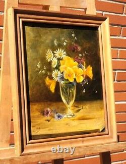 Tableau ancien signé. Bouquet de Fleurs. Peinture huile sur toile