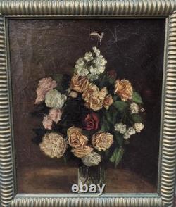 Tableau ancien signé Bouquet de Fleurs Peinture huile sur toile. A Restaurer