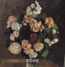 Tableau ancien signé Bouquet de Fleurs Peinture huile sur toile. A Restaurer
