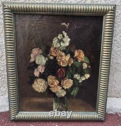 Tableau ancien signé Bouquet de Fleurs Peinture huile sur toile. A Restaurer