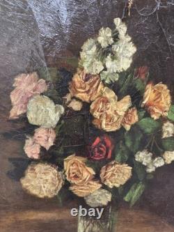 Tableau ancien signé Bouquet de Fleurs Peinture huile sur toile. A Restaurer