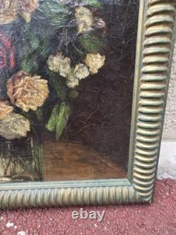 Tableau ancien signé Bouquet de Fleurs Peinture huile sur toile. A Restaurer