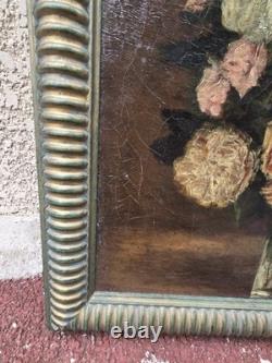 Tableau ancien signé Bouquet de Fleurs Peinture huile sur toile. A Restaurer
