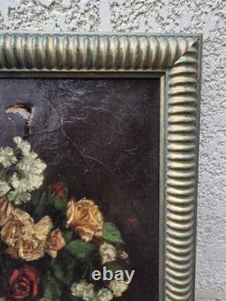 Tableau ancien signé Bouquet de Fleurs Peinture huile sur toile. A Restaurer