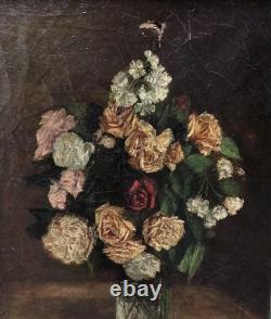 Tableau ancien signé Bouquet de Fleurs Peinture huile sur toile. A Restaurer