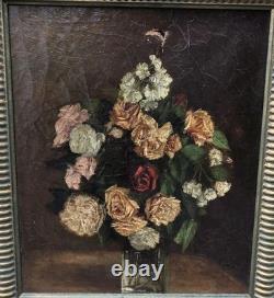 Tableau ancien signé Bouquet de Fleurs Peinture huile sur toile. A Restaurer