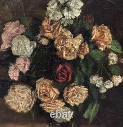 Tableau ancien signé Bouquet de Fleurs Peinture huile sur toile. A Restaurer