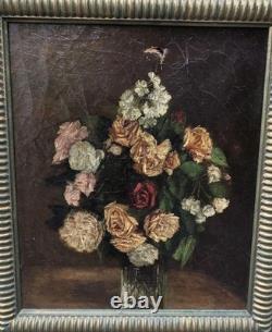 Tableau ancien signé Bouquet de Fleurs Peinture huile sur toile. A Restaurer