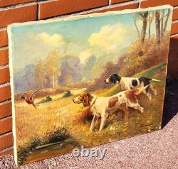 Tableau ancien signé. Chien à L' Arrêt. Peinture huile sur toile