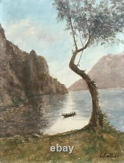 Tableau ancien signé Clément Castelli, Lac de Lugano, Huile sur toile, XXe