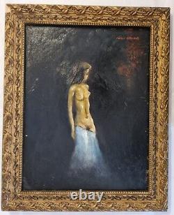 Tableau ancien signé Clément Nu à la jupe bleue huile/panneau 34cm x 27cm