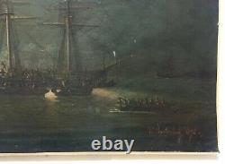 Tableau ancien signé, Daté 1872, Huile sur toile, Marine, Bataille navale, XIXe
