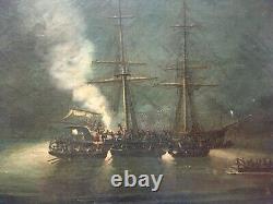 Tableau ancien signé, Daté 1872, Huile sur toile, Marine, Bataille navale, XIXe