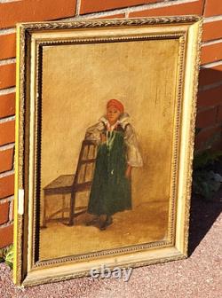 Tableau ancien signé. Datée 1866. Portrait D'enfant. Peinture huile sur toile