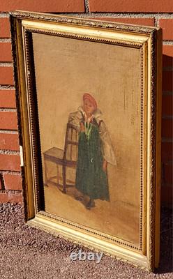Tableau ancien signé. Datée 1866. Portrait D'enfant. Peinture huile sur toile