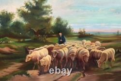 Tableau ancien signé E. P. Berger et son Troupeau. Peinture huile sur toile. A