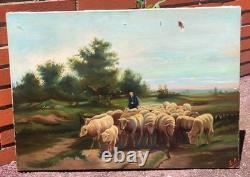 Tableau ancien signé E. P. Berger et son Troupeau. Peinture huile sur toile. A