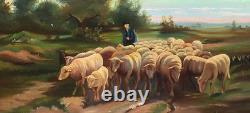 Tableau ancien signé E. P. Berger et son Troupeau. Peinture huile sur toile. A