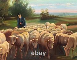 Tableau ancien signé E. P. Berger et son Troupeau. Peinture huile sur toile. A