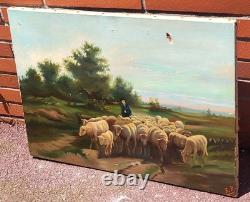 Tableau ancien signé E. P. Berger et son Troupeau. Peinture huile sur toile. A