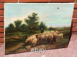 Tableau ancien signé E. P. Berger et son Troupeau. Peinture huile sur toile. A