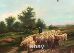 Tableau ancien signé E. P. Berger et son Troupeau. Peinture huile sur toile. A
