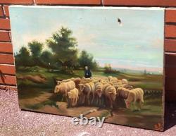 Tableau ancien signé E. P. Berger et son Troupeau. Peinture huile sur toile. A
