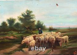Tableau ancien signé E. P. Berger et son Troupeau. Peinture huile sur toile. A