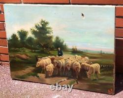 Tableau ancien signé E. P. Berger et son Troupeau. Peinture huile sur toile. A