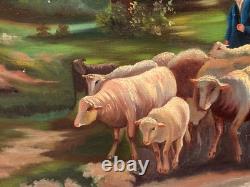 Tableau ancien signé E. P. Berger et son Troupeau. Peinture huile sur toile. A