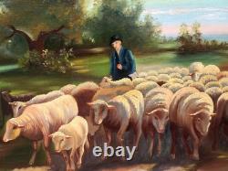 Tableau ancien signé E. P. Berger et son Troupeau. Peinture huile sur toile. A