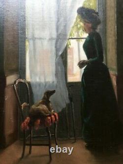 Tableau ancien signé, Grande huile sur toile, Femme à la fenêtre, Encadré, XIXe
