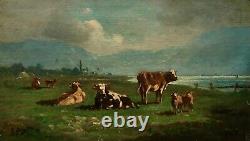 Tableau ancien signé Gunnar Berg, 1879, Vaches, Peintre Norvégien, Peinture XIXe