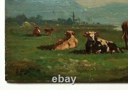Tableau ancien signé Gunnar Berg, 1879, Vaches, Peintre Norvégien, Peinture XIXe