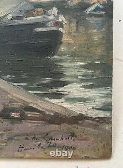 Tableau ancien signé Henri Achille Zo, Péniche à Quai, Huile Sur Panneau, XXe