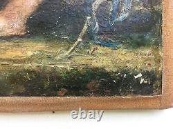 Tableau ancien signé, Huile sur toile, Angelots, Anges, Putti et lionceau, XIXe