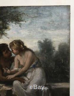 Tableau ancien signé, Huile sur toile, Ecole symboliste, Jeune couple, XIXe