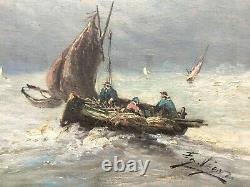 Tableau ancien signé, Huile sur toile, Marine, Pêcheurs en mer, Bateau, XIXe