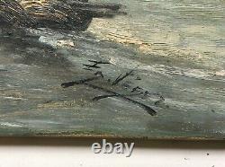 Tableau ancien signé, Huile sur toile, Marine, Pêcheurs en mer, Bateau, XIXe