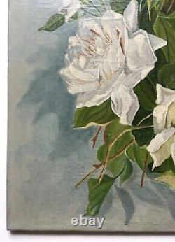 Tableau ancien signé, Huile sur toile, Nature morte, Roses blanches, Début XXe