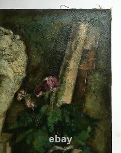Tableau ancien signé, Huile sur toile, Nature morte, Violon, Tête Antique, XXe