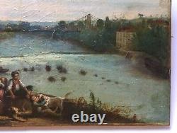 Tableau ancien signé, Huile sur toile à restaurer, Paysage fluvial animé, XIXe