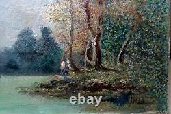 Tableau ancien signé Huile sur toile, paysage arbre, cadre XIXe