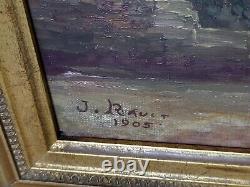 Tableau ancien signé J. RAULT. Paysage Animé. Peinture huile sur toile