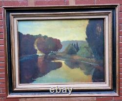 Tableau ancien signé L'Etang Couché de Soleil Peinture huile sur panneau