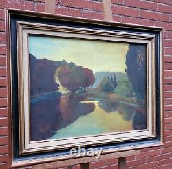 Tableau ancien signé L'Etang Couché de Soleil Peinture huile sur panneau